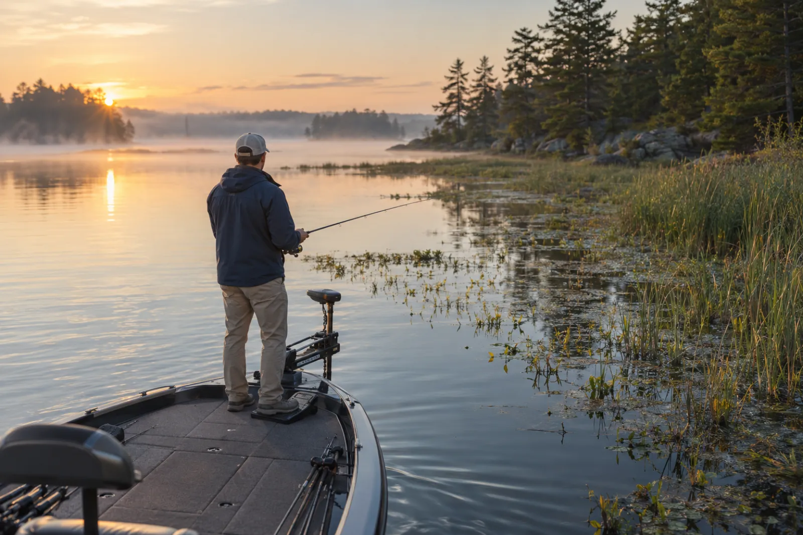 Angler running a bow-mount trolling motor along a quiet shoreline