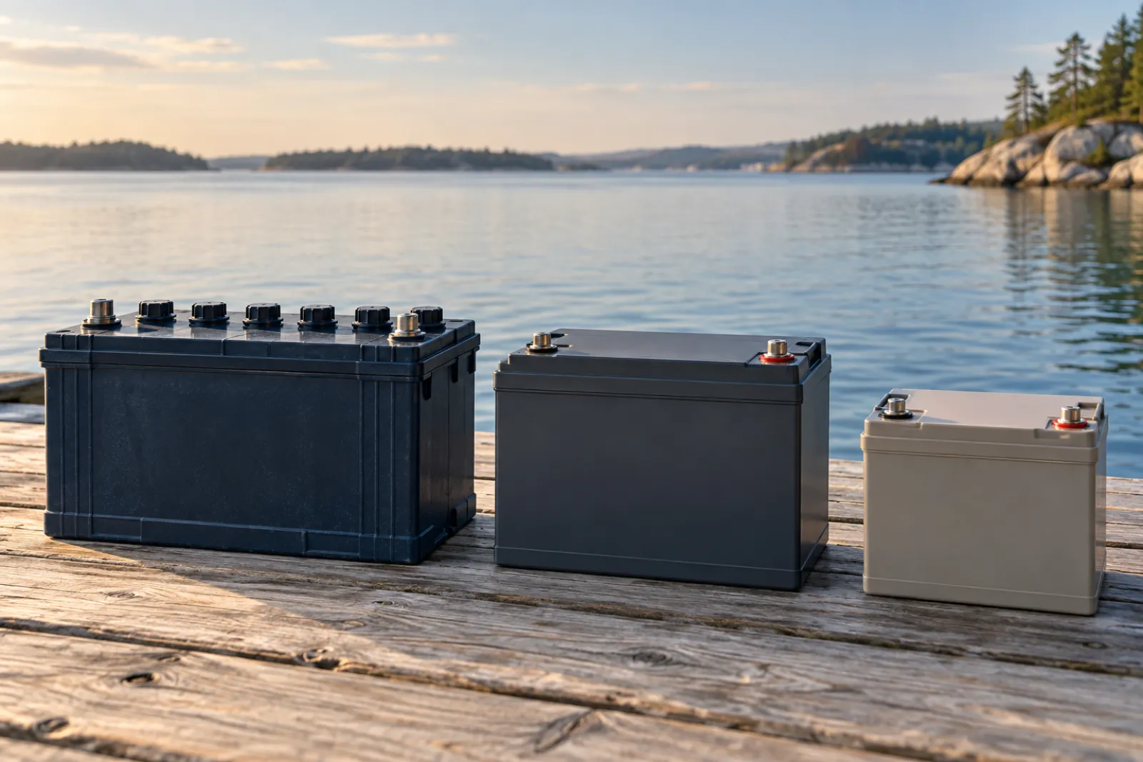 Flooded lead-acid, AGM and LiFePO4 lithium deep-cycle batteries side by side
