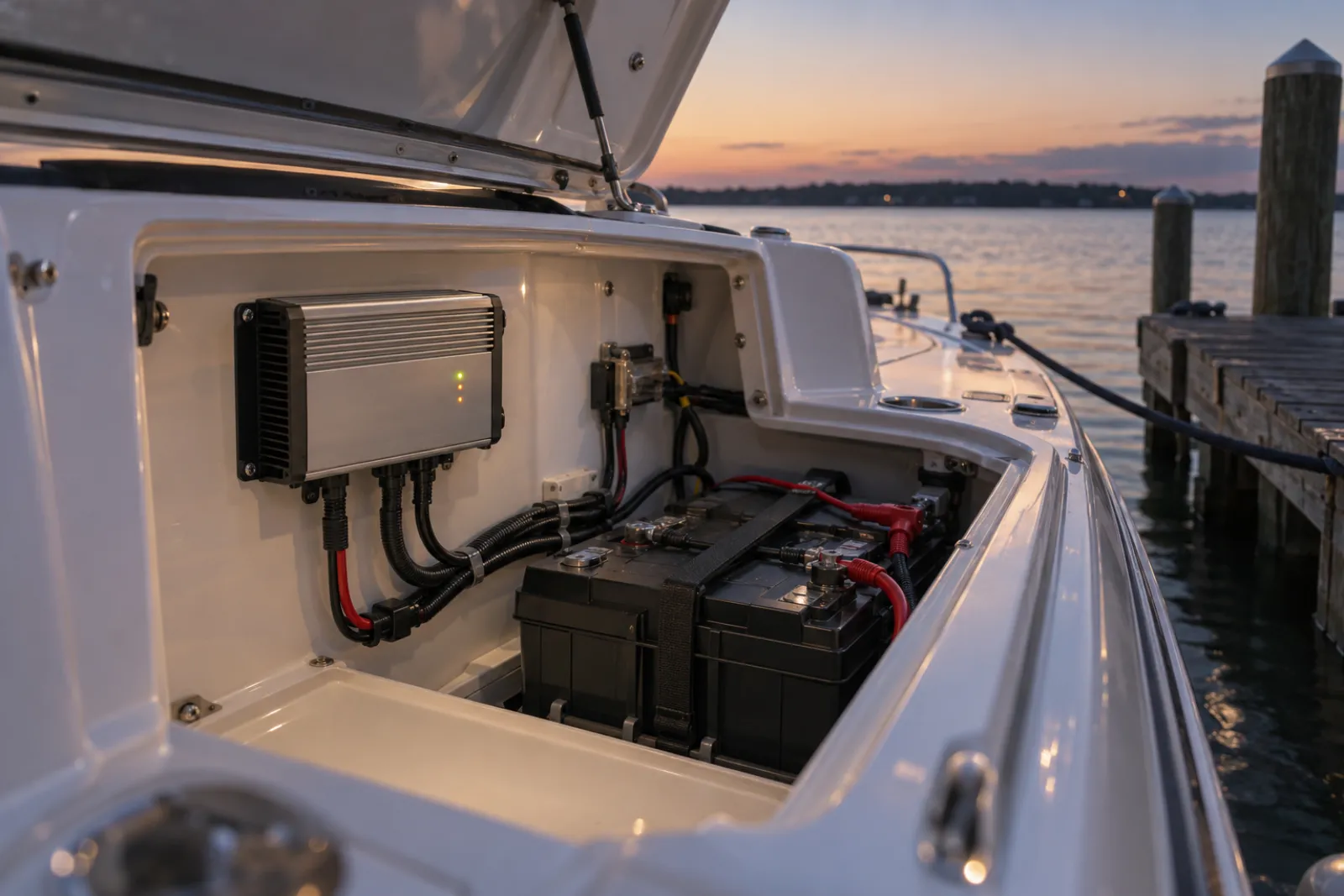 Onboard marine charger connected to a trolling motor battery at the dock