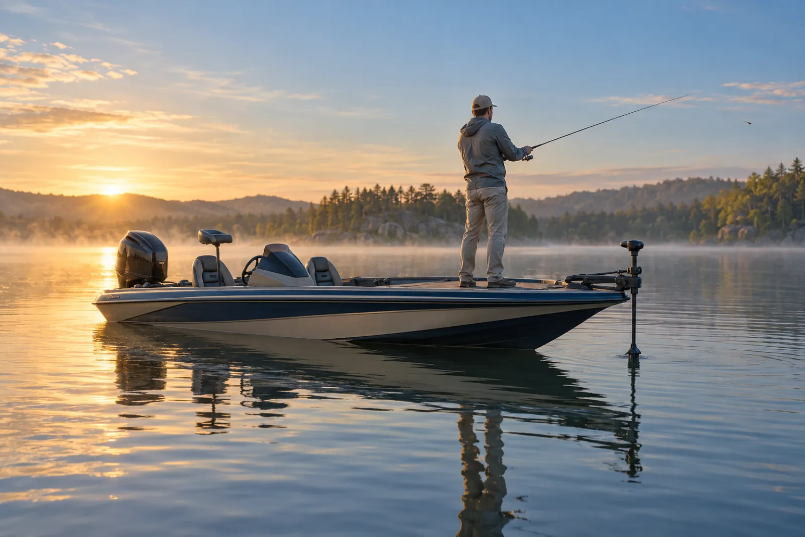 Fishing boat with trolling motor deployed at sunset