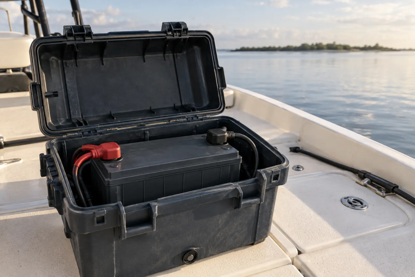 Sealed marine battery with protected terminals on a saltwater skiff