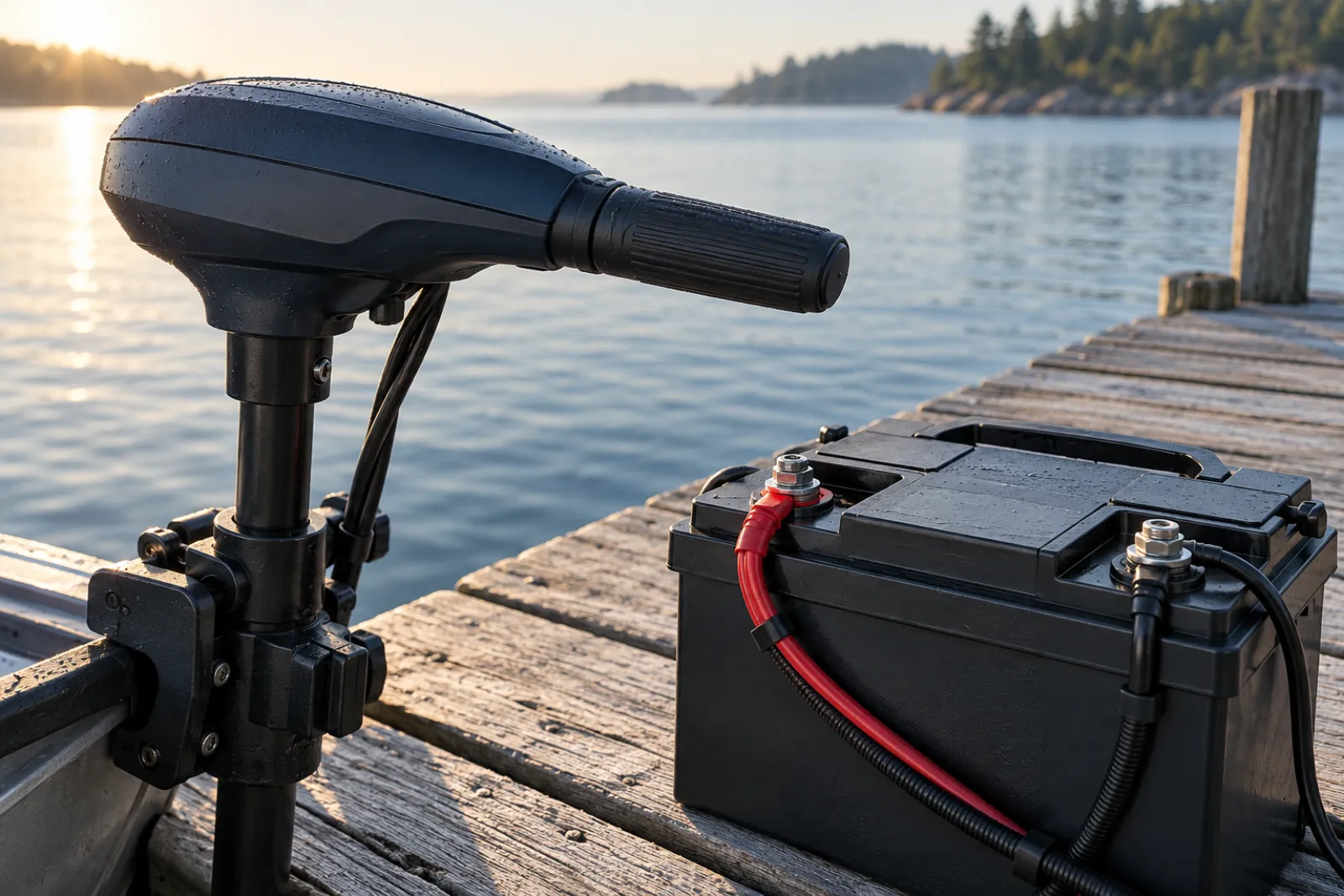 Trolling motor head and battery terminals showing voltage matching