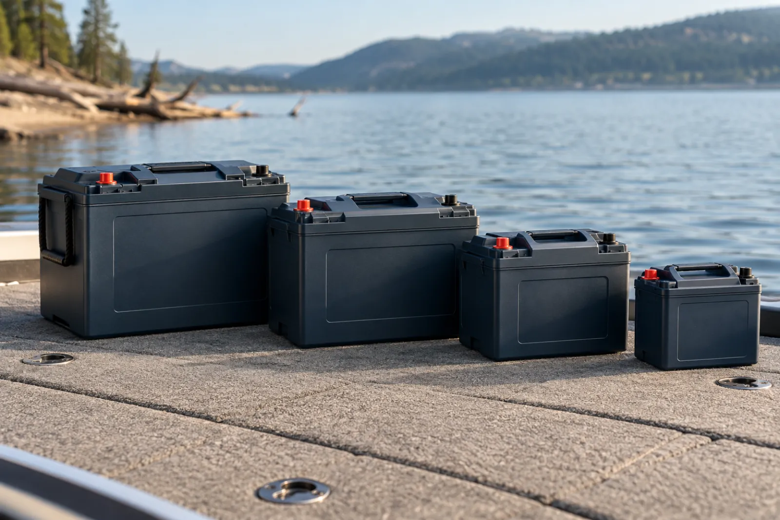 Lineup of 12V, 24V and 36V trolling motor batteries on a boat deck